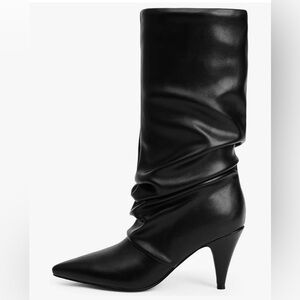Black Mid Calf Slouchy Fold Over Style Pointed Toe Heeled Boots- New in Box